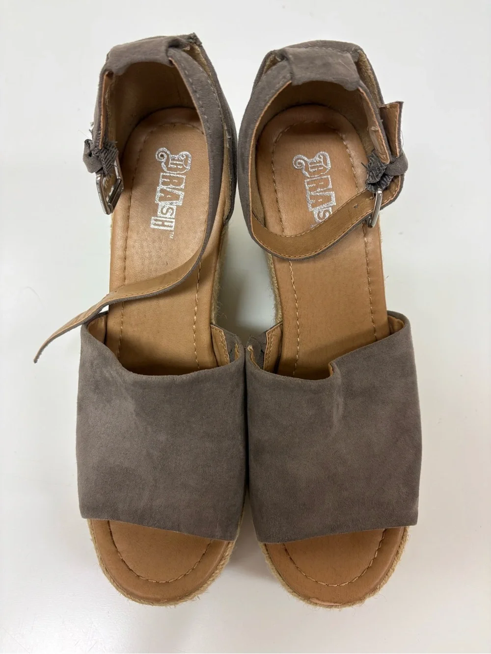 Brash Gray Suede Espadrille Wedge Sandals with Ankle Buckle